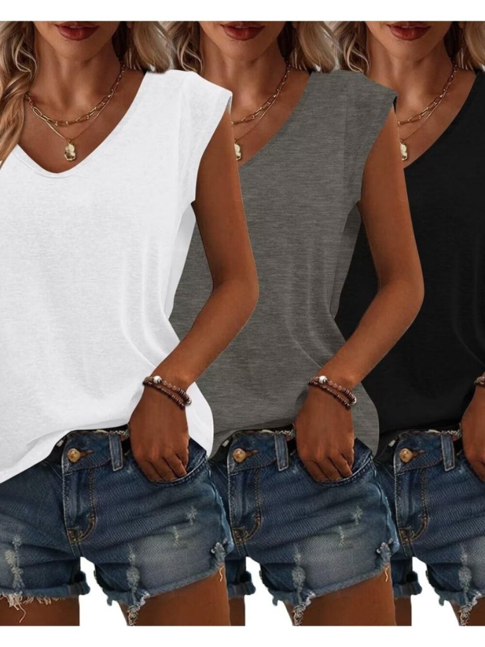 3 Pack Womens Cap Sleeve Summer Tops V Neck T Shirts Basic Tees